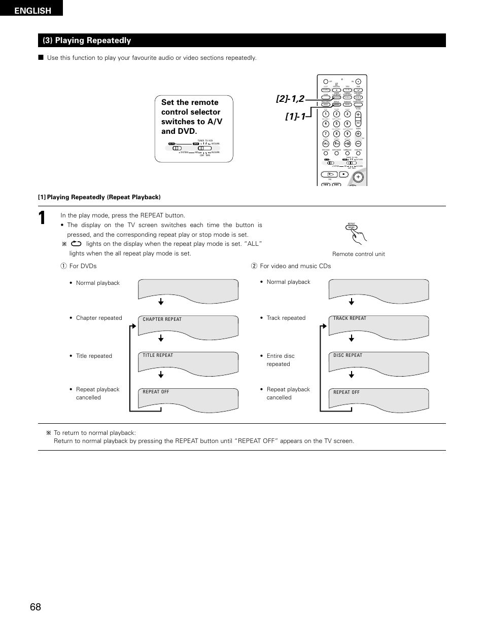 English, 3) playing repeatedly, 1] playing repeatedly (repeat playback) | W for video and music cds, Q for dvds, Remote control unit | Denon ADV-M71 User Manual | Page 68 / 112