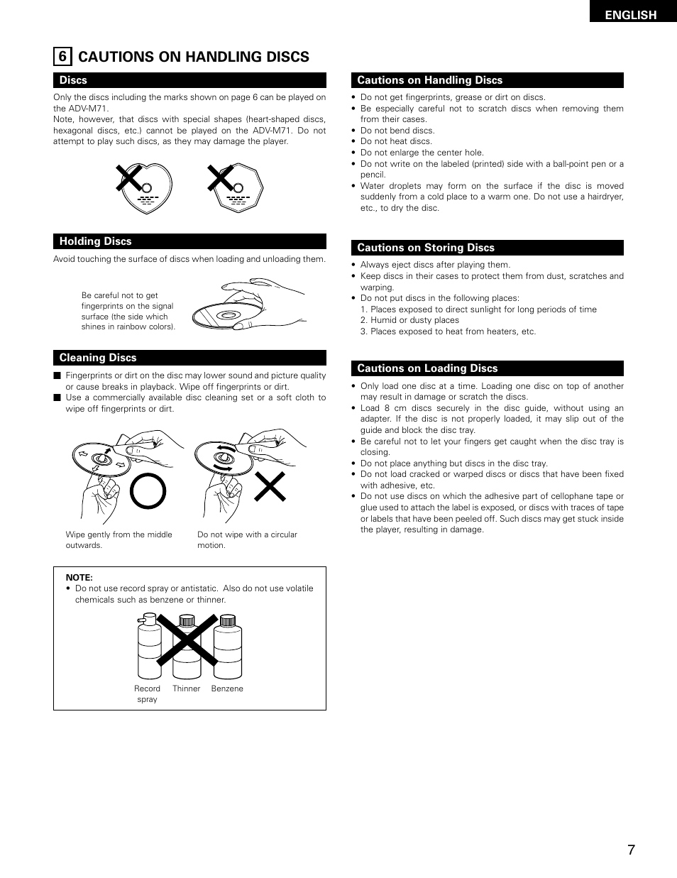 6 cautions on handling discs | Denon ADV-M71 User Manual | Page 7 / 112