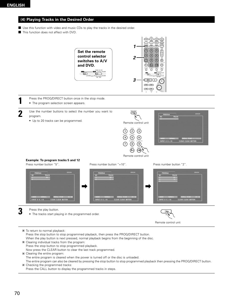 English, 4) playing tracks in the desired order, Example: to program tracks 5 and 12 | Press number button “5”. remote control unit | Denon ADV-M71 User Manual | Page 70 / 112