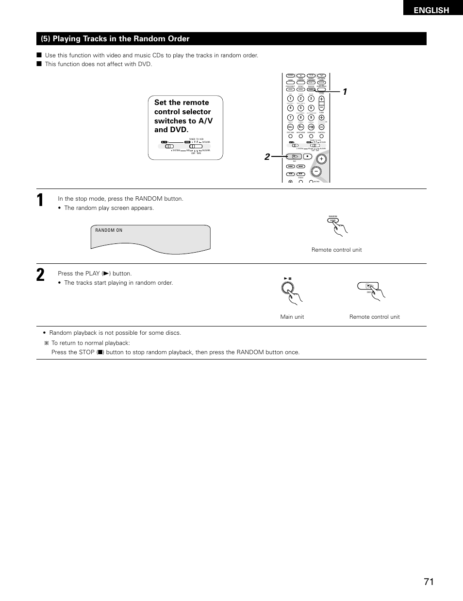 English, 5) playing tracks in the random order, Remote control unit | Main unit remote control unit | Denon ADV-M71 User Manual | Page 71 / 112