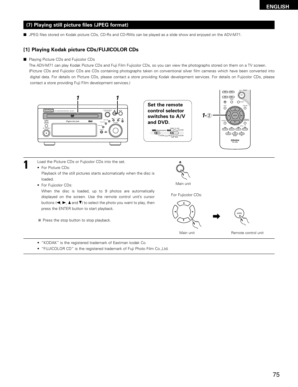 English, 1] playing kodak picture cds/fujicolor cds, 7) playing still picture files (jpeg format) | Virtual speaker, For fujicolor cds | Denon ADV-M71 User Manual | Page 75 / 112