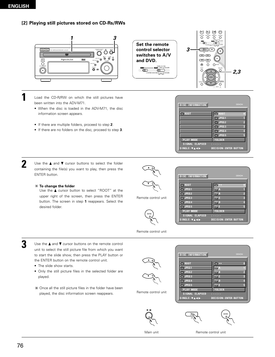 English, 2] playing still pictures stored on cd-rs/rws, Virtual speaker | Denon ADV-M71 User Manual | Page 76 / 112