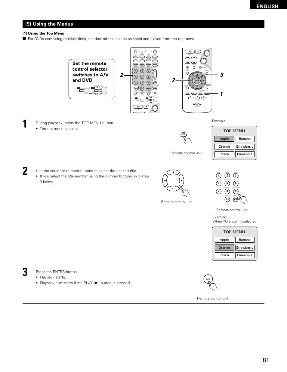 English, 9) using the menus, Top menu | Button is pressed, Example: example: when “orange” is selected, Remote control unit | Denon ADV-M71 User Manual | Page 81 / 112