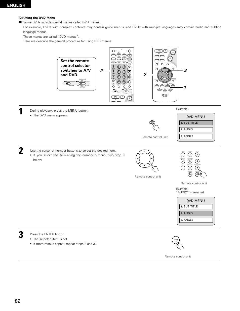 English, Dvd menu, Remote control unit | Denon ADV-M71 User Manual | Page 82 / 112