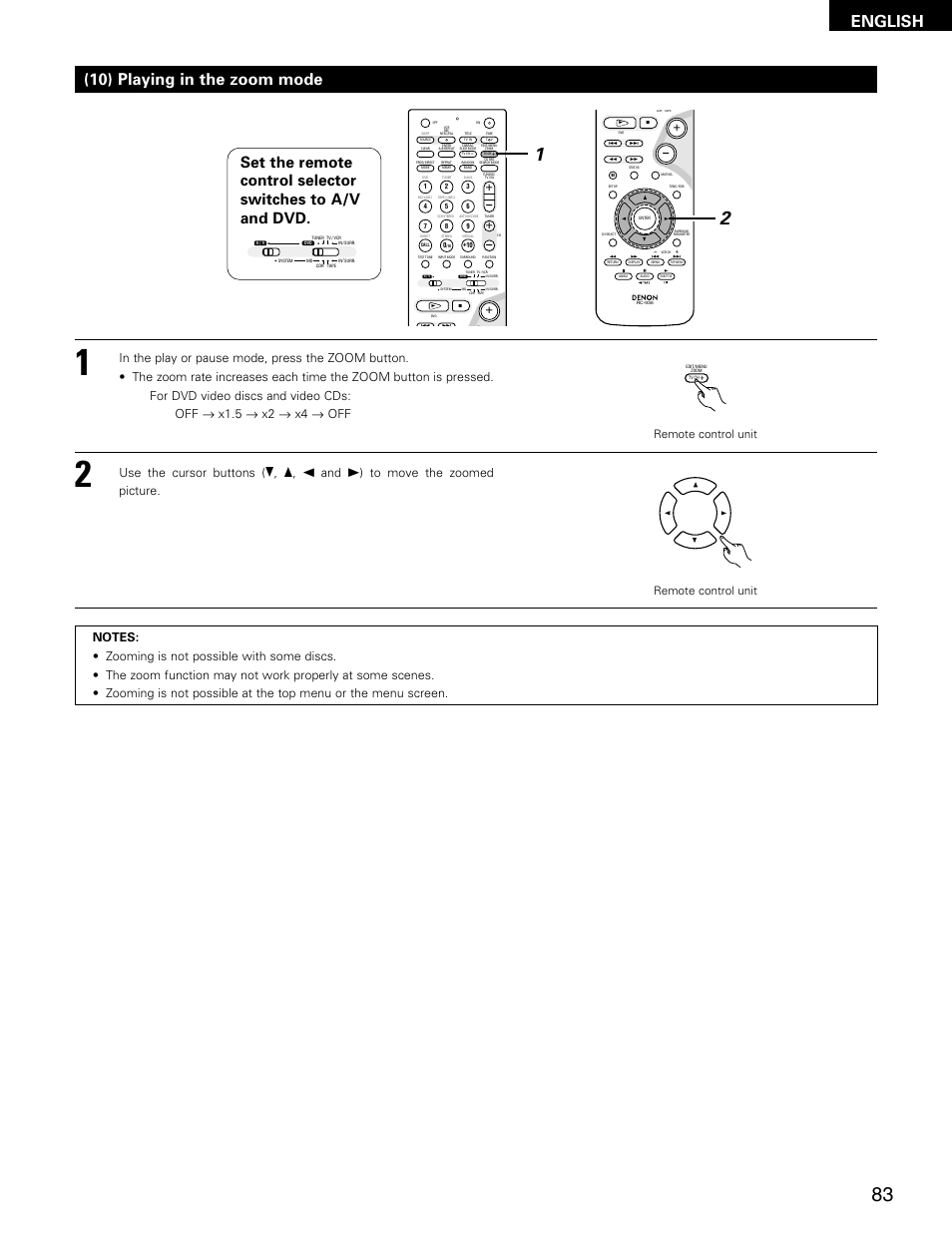 English, 10) playing in the zoom mode, Use the cursor buttons (ª | Remote control unit | Denon ADV-M71 User Manual | Page 83 / 112