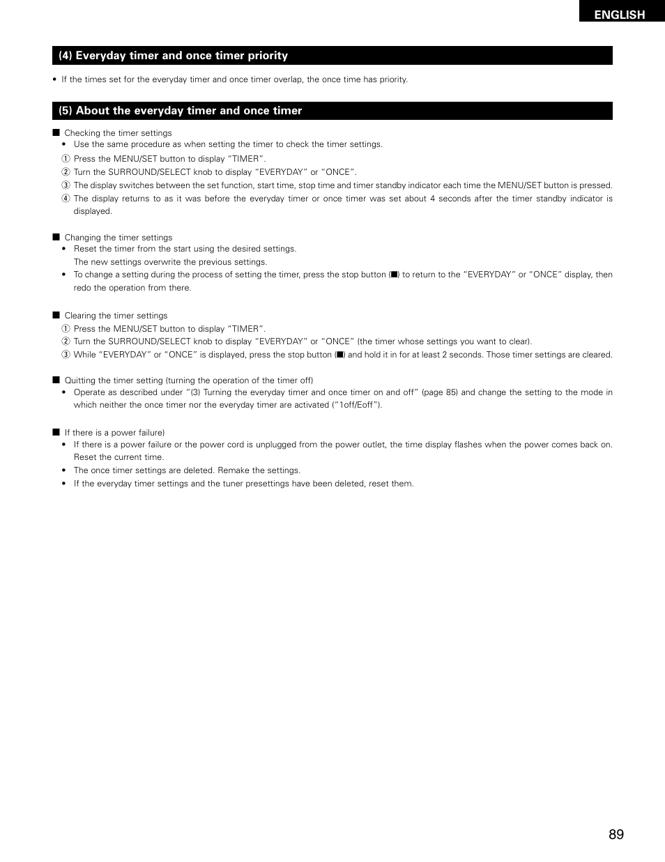 English, 4) everyday timer and once timer priority, 5) about the everyday timer and once timer | Denon ADV-M71 User Manual | Page 89 / 112