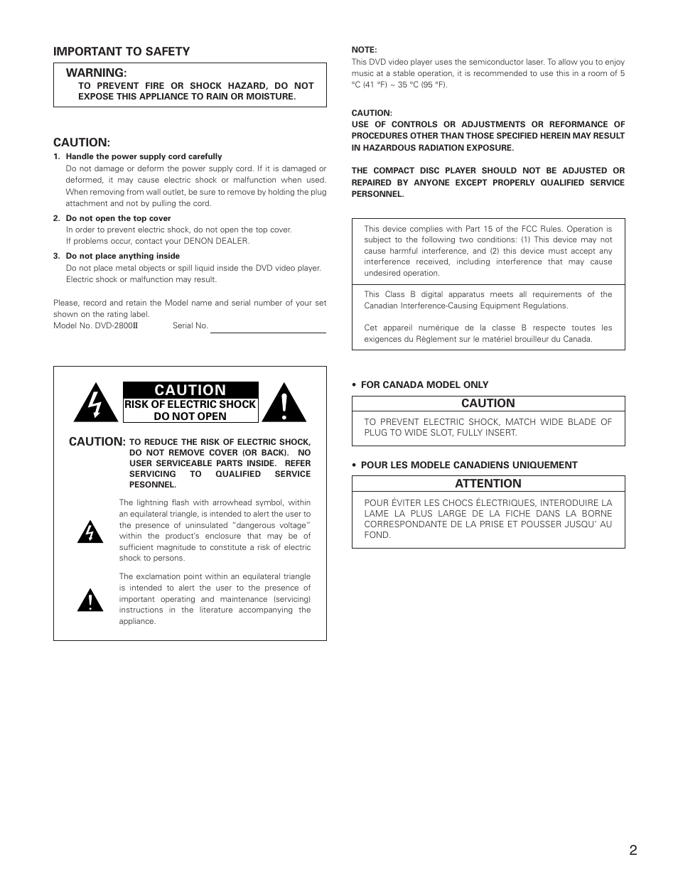 Important to safety warning, Caution, Attention | Denon DVD-2800II User Manual | Page 2 / 94