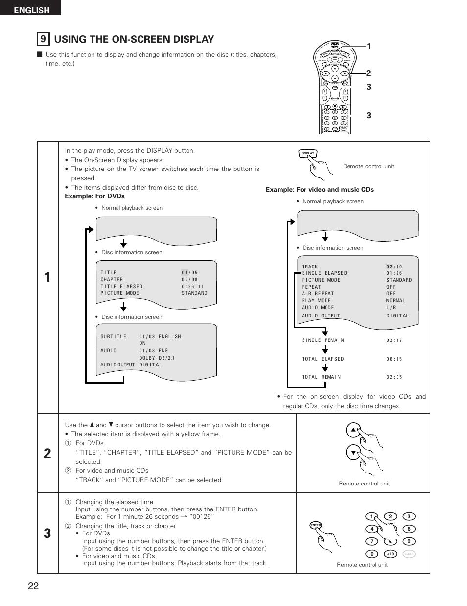 9 using the on-screen display, English, Skip | Slow/search | Denon DVD-2800II User Manual | Page 22 / 94