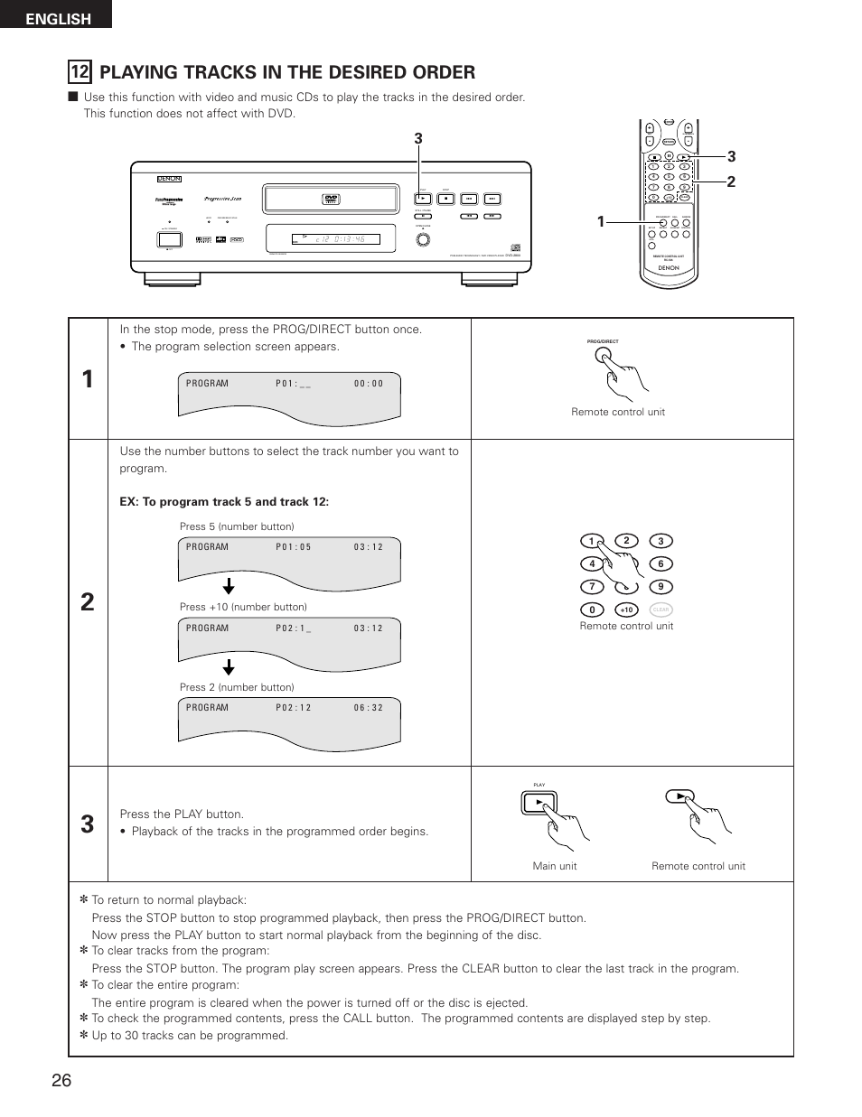 12 playing tracks in the desired order, English, Skip | Slow/search | Denon DVD-2800II User Manual | Page 26 / 94