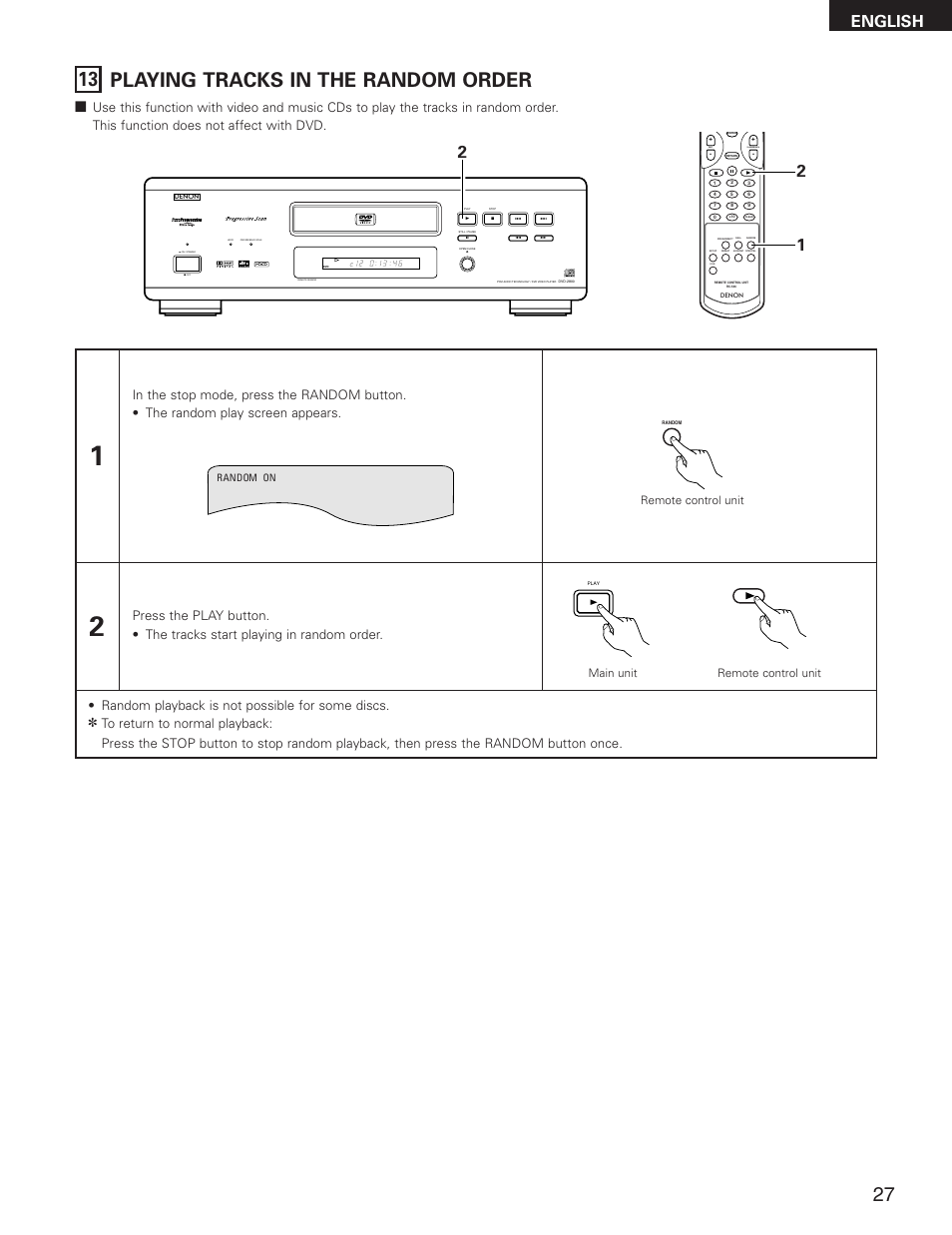 13 playing tracks in the random order, English, Skip | Slow/search, Remote control unit main unit remote control unit | Denon DVD-2800II User Manual | Page 27 / 94