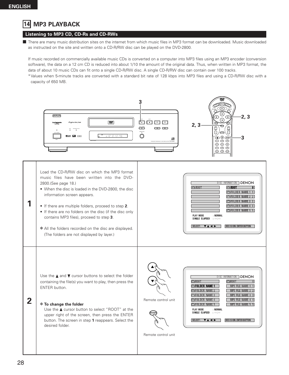 14 mp3 playback, English, Listening to mp3 cd, cd-rs and cd-rws | Skip, Slow/search | Denon DVD-2800II User Manual | Page 28 / 94