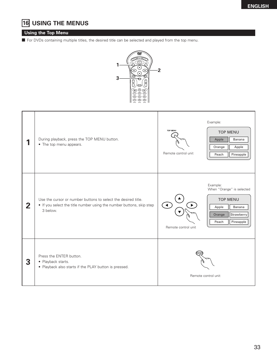 16 using the menus, English, Using the top menu | Skip, Slow/search | Denon DVD-2800II User Manual | Page 33 / 94