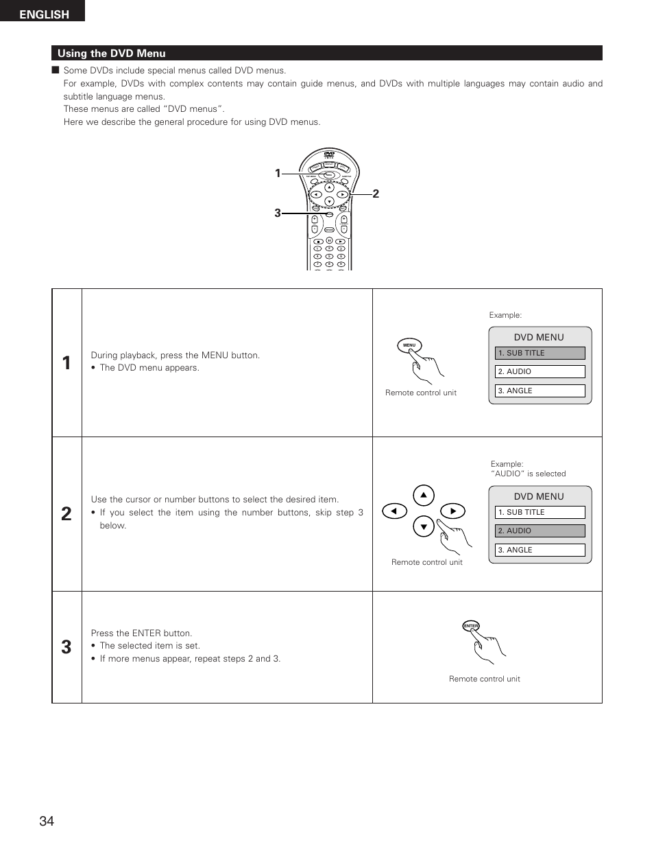 English, Using the dvd menu, Skip | Slow/search | Denon DVD-2800II User Manual | Page 34 / 94