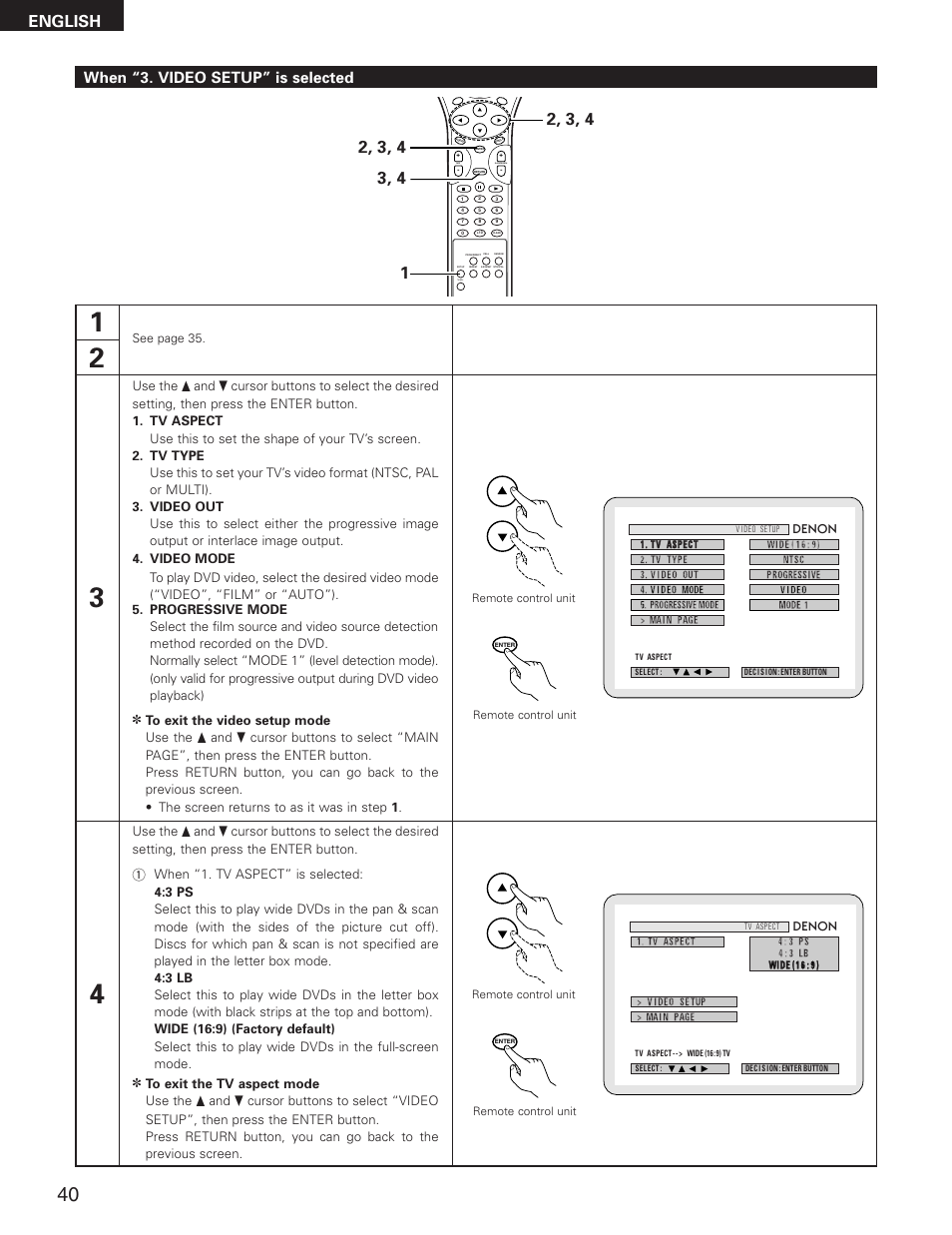 English, When “3. video setup” is selected, Skip | Slow/search | Denon DVD-2800II User Manual | Page 40 / 94