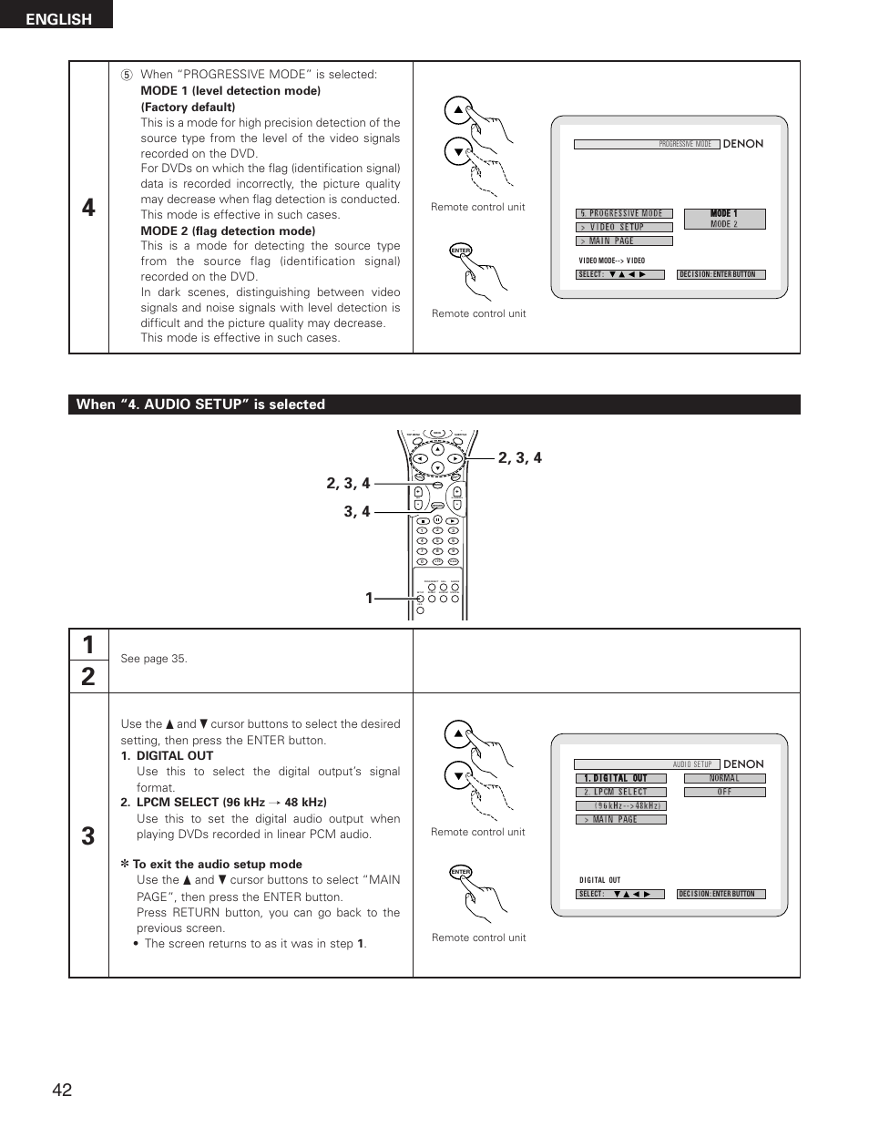 English, When “4. audio setup” is selected, Skip | Slow/search | Denon DVD-2800II User Manual | Page 42 / 94