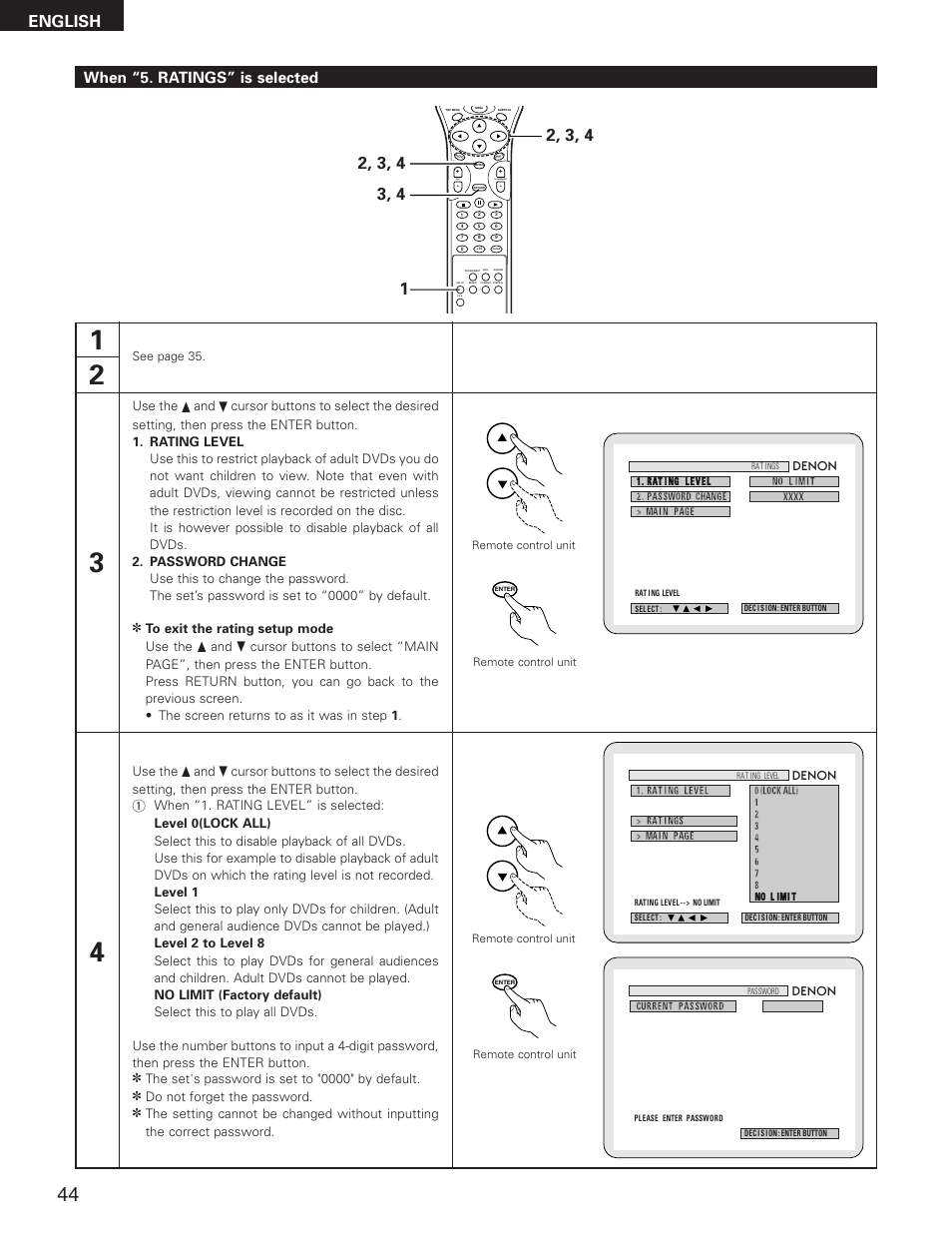 English, When “5. ratings” is selected, Skip | Slow/search | Denon DVD-2800II User Manual | Page 44 / 94