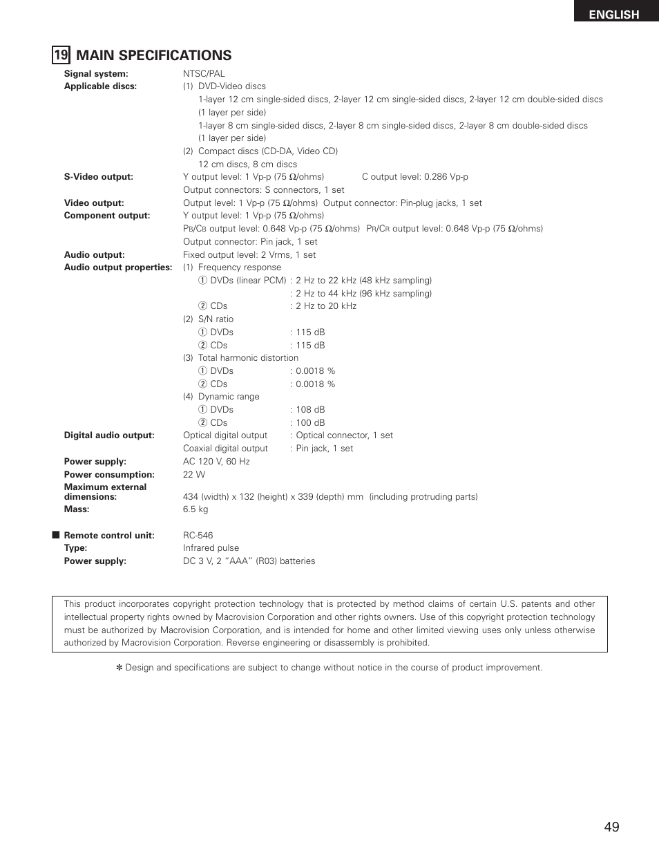 19 main specifications | Denon DVD-2800II User Manual | Page 49 / 94