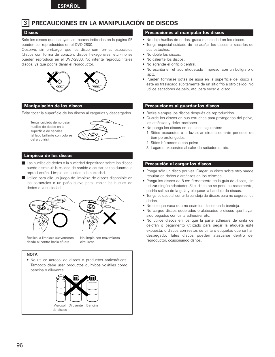 3 precauciones en la manipulación de discos | Denon DVD-2800II User Manual | Page 52 / 94