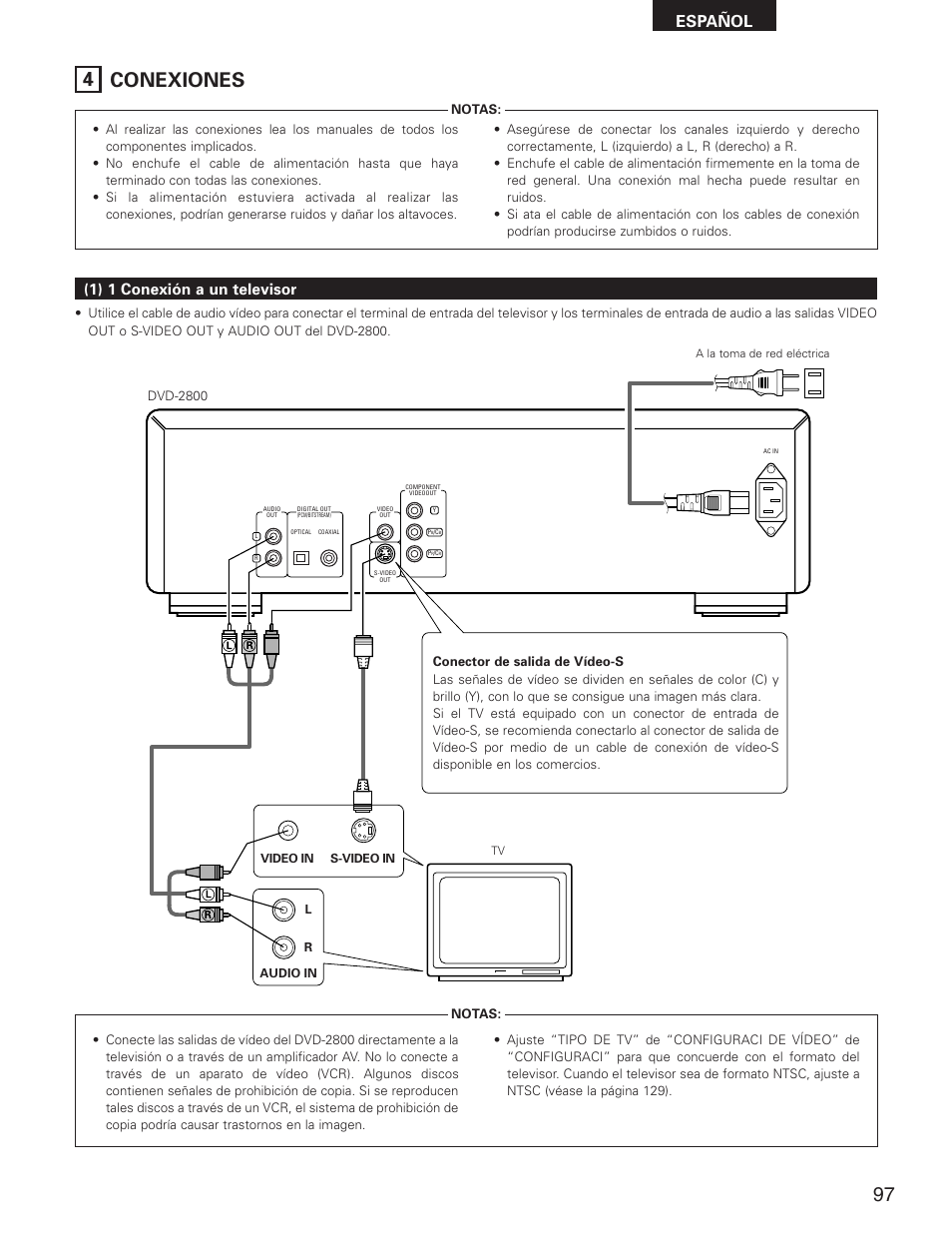 4 conexiones, Español, 1) 1 conexión a un televisor | Denon DVD-2800II User Manual | Page 53 / 94