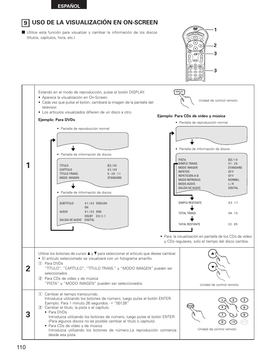 9 uso de la visualización en on-screen, Español, Skip | Slow/search | Denon DVD-2800II User Manual | Page 66 / 94