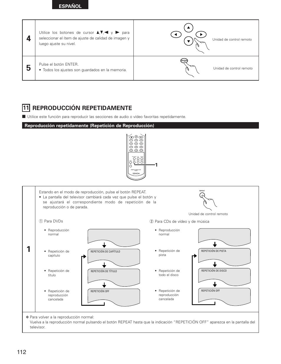 11 reproducción repetidamente, Español | Denon DVD-2800II User Manual | Page 68 / 94