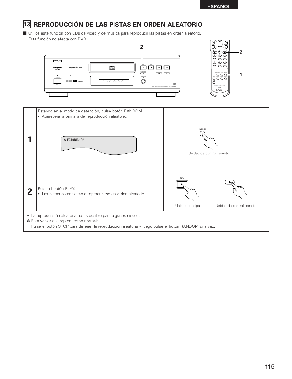 13 reproducción de las pistas en orden aleatorio, Español, Skip | Slow/search | Denon DVD-2800II User Manual | Page 71 / 94