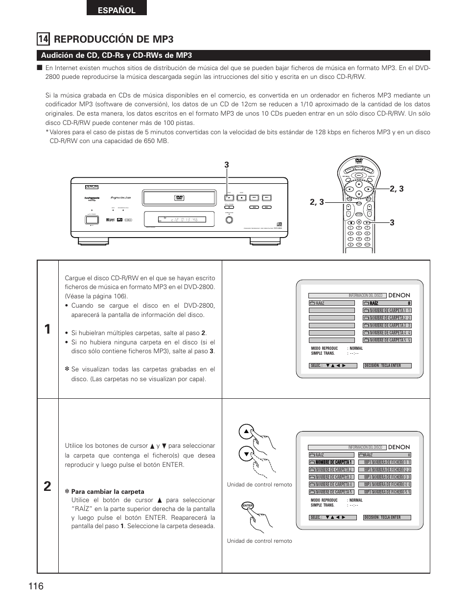 14 reproducción de mp3, Español, Audición de cd, cd-rs y cd-rws de mp3 | Skip, Slow/search | Denon DVD-2800II User Manual | Page 72 / 94