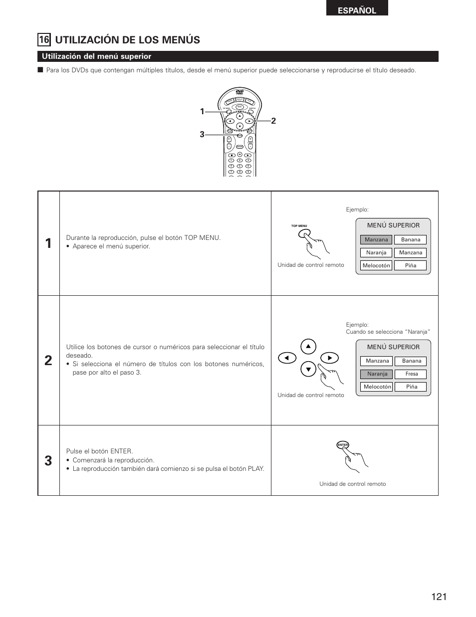 16 utilización de los menús, Español, Utilización del menú superior | Skip, Slow/search | Denon DVD-2800II User Manual | Page 77 / 94