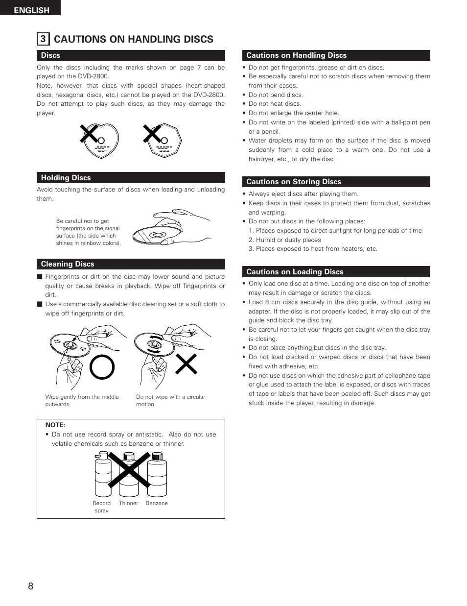 3 cautions on handling discs | Denon DVD-2800II User Manual | Page 8 / 94