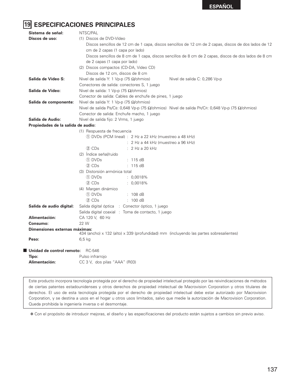 19 especificaciones principales | Denon DVD-2800II User Manual | Page 93 / 94