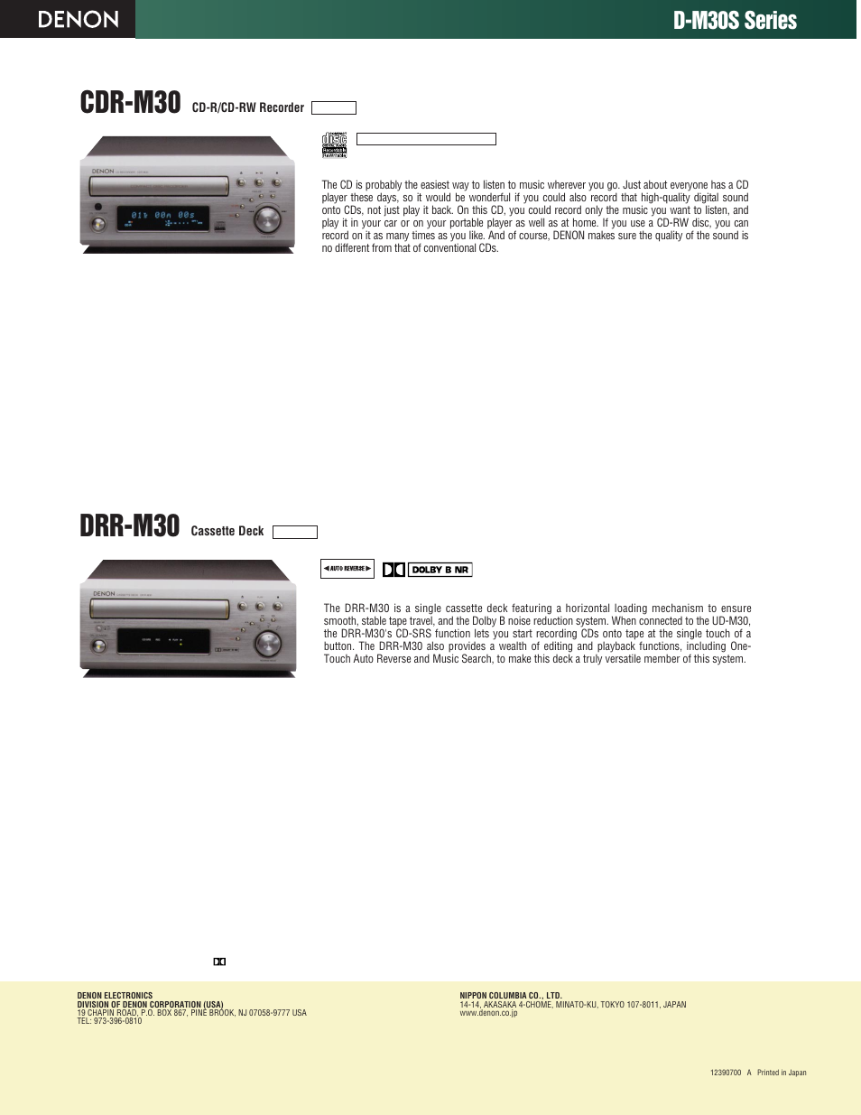 Cdr-m30, Drr-m30, D-m30s series | Single cassette deck with dolby b noise reduction | Denon D-M30S User Manual | Page 2 / 2