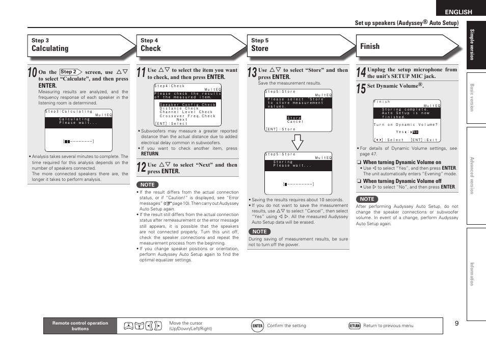Calculating, Check, Store | Finish | Denon AVR-1611 User Manual | Page 12 / 78