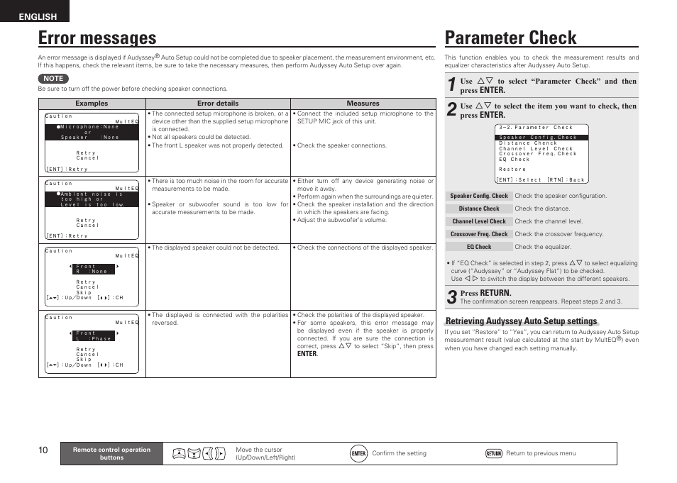 Parameter check, Error messages, Retrieving audyssey auto setup settings | Denon AVR-1611 User Manual | Page 13 / 78