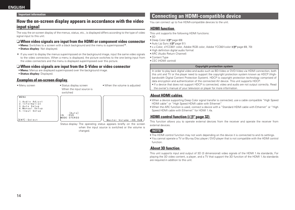 Connecting an hdmi-compatible device, Hdmi function, About hdmi cables | Hdmi control function ( v page 32), About 3d function, Examples of on-screen display | Denon AVR-1611 User Manual | Page 17 / 78