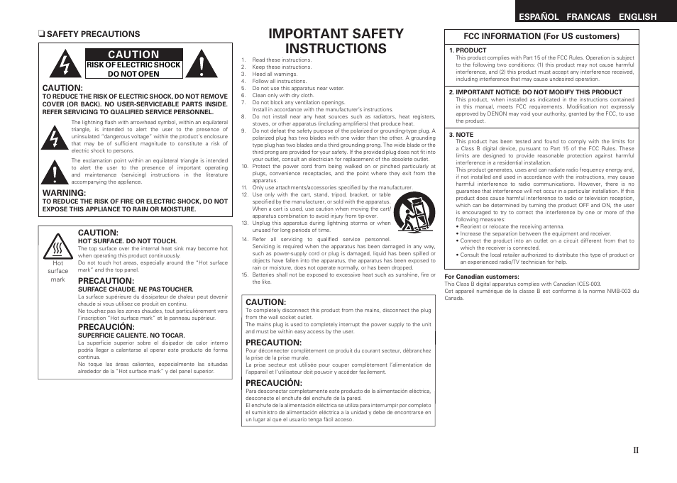 Important safety instructions, Caution | Denon AVR-1611 User Manual | Page 2 / 78