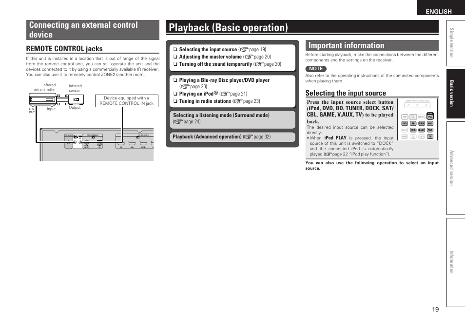 Playback (basic operation), Important information, Connecting an external control device | Selecting the input source, Remote control jacks | Denon AVR-1611 User Manual | Page 22 / 78
