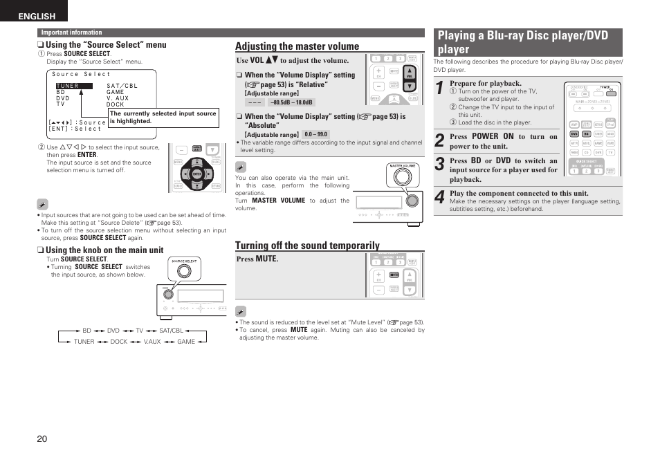 Playing a blu-ray disc player/dvd player, Adjusting the master volume, Turning off the sound temporarily | Denon AVR-1611 User Manual | Page 23 / 78
