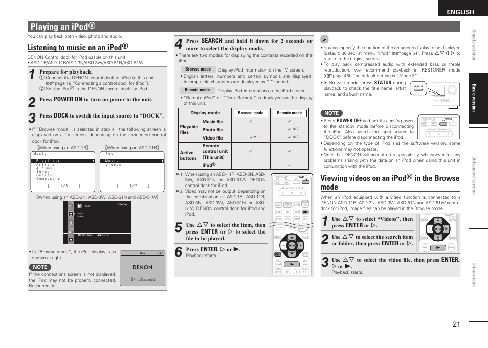 Playing an ipod, Listening to music on an ipod, Viewing videos on an ipod® in the browse mode | Denon AVR-1611 User Manual | Page 24 / 78