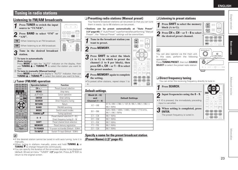 Tuning in radio stations, Listening to fm/am broadcasts | Denon AVR-1611 User Manual | Page 26 / 78