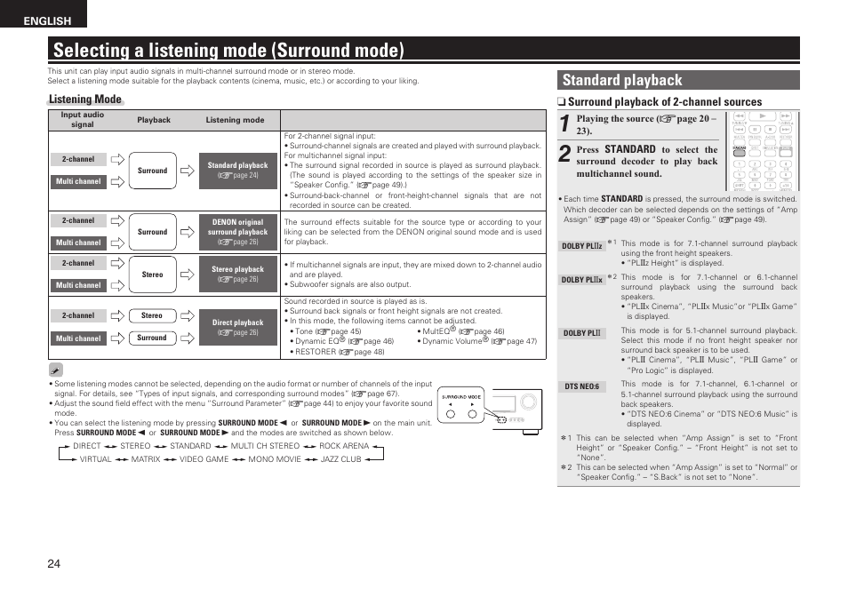 Selecting a listening mode (surround mode), Standard playback, N surround playback of 2-channel sources | Listening mode | Denon AVR-1611 User Manual | Page 27 / 78