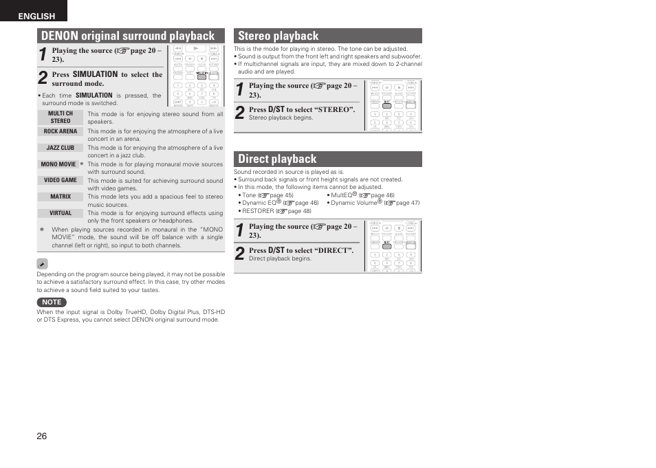 Denon original surround playback, Stereo playback, Direct playback | Denon AVR-1611 User Manual | Page 29 / 78