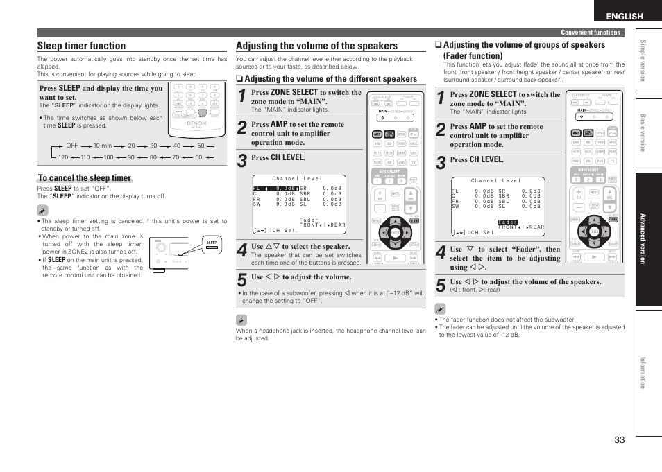 Sleep timer function, Adjusting the volume of the speakers | Denon AVR-1611 User Manual | Page 36 / 78