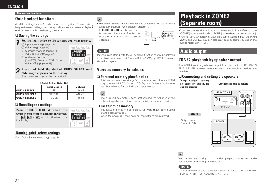Playback in zone2 (separate room), Audio output, Quick select function | Zone2 playback by speaker output | Denon AVR-1611 User Manual | Page 37 / 78