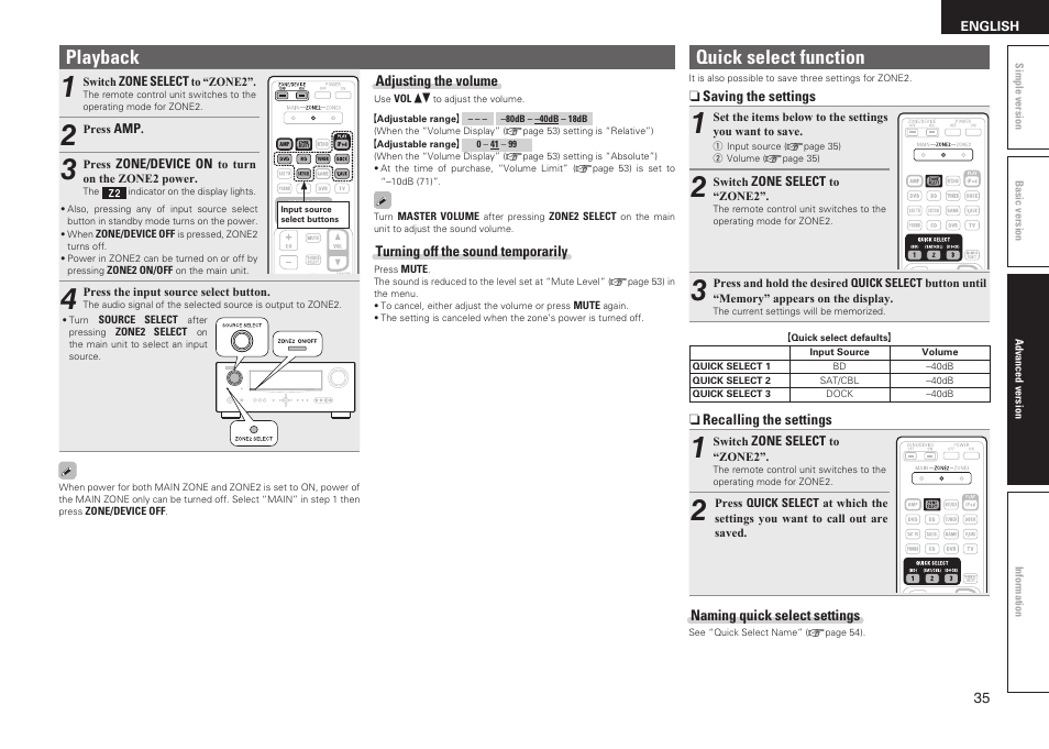Playback, Quick select function | Denon AVR-1611 User Manual | Page 38 / 78