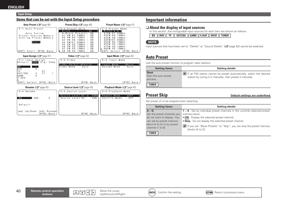 Important information, Auto preset, Preset skip | N about the display of input sources, English | Denon AVR-1611 User Manual | Page 43 / 78
