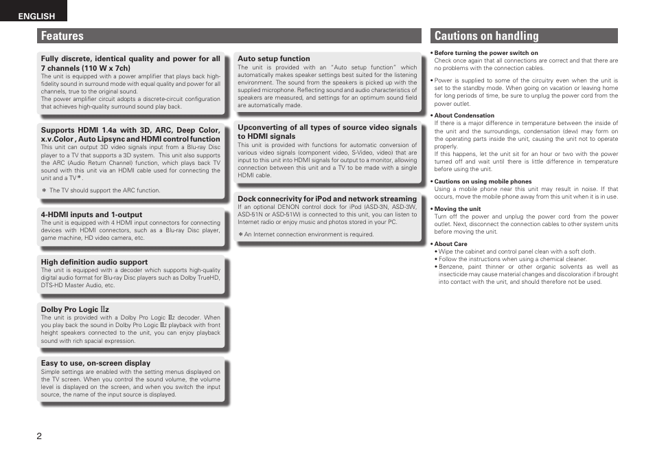Cautions on handling, Features | Denon AVR-1611 User Manual | Page 5 / 78