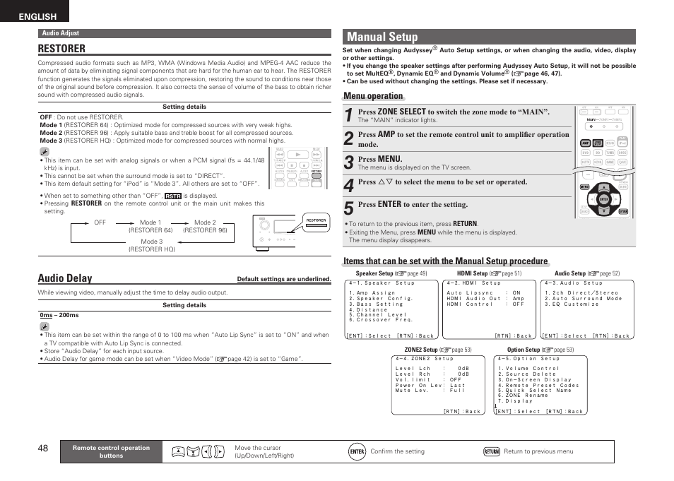 Manual setup, Restorer, Audio delay | Menu operation | Denon AVR-1611 User Manual | Page 51 / 78