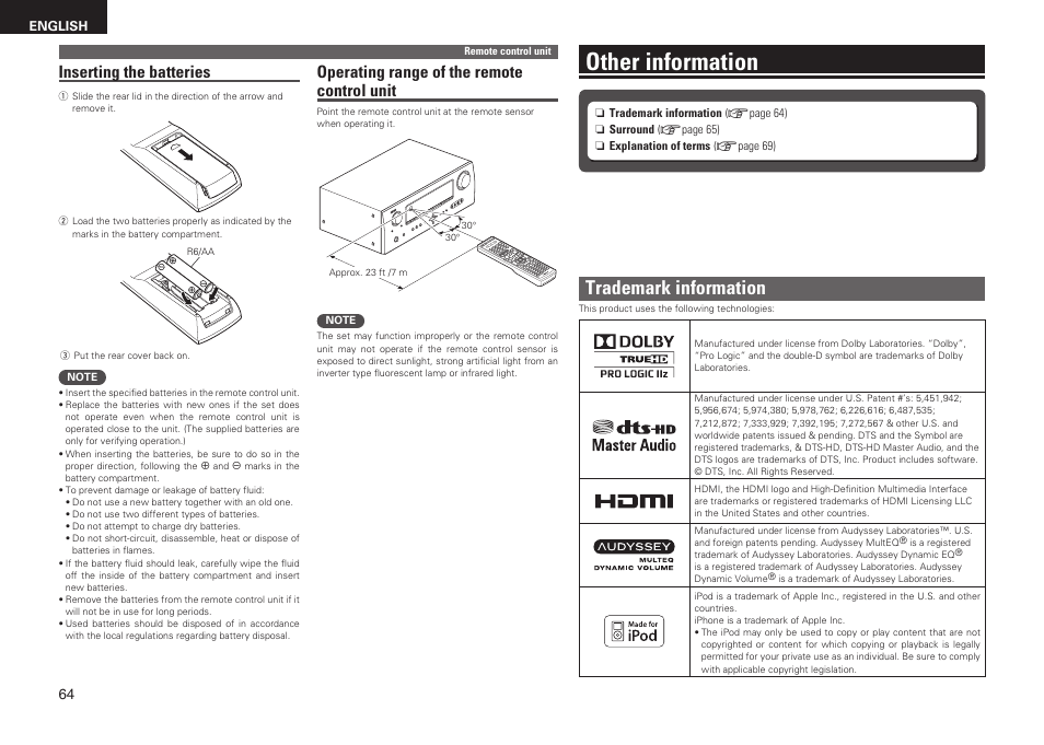 Other information, Trademark information, Inserting the batteries | Operating range of the remote control unit | Denon AVR-1611 User Manual | Page 67 / 78