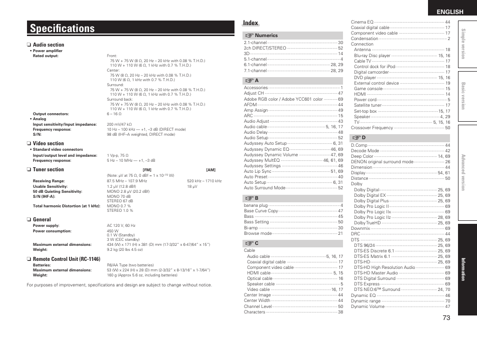 Specifications, Index, English | Denon AVR-1611 User Manual | Page 76 / 78