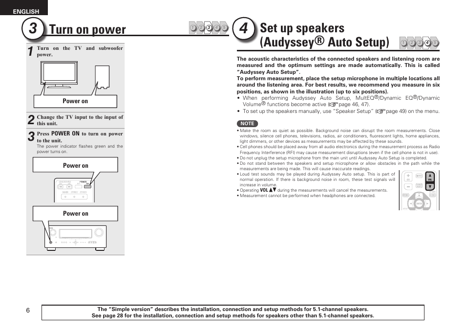 Set up speakers (audyssey® auto setup), Turn on power | Denon AVR-1611 User Manual | Page 9 / 78